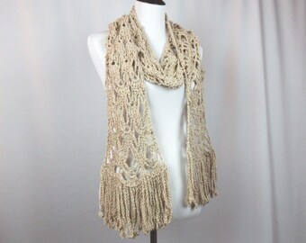 Lacy Crocheted Fringed Scarf, Beige Heather, Cotton Acrylic Silk Blend Yarn