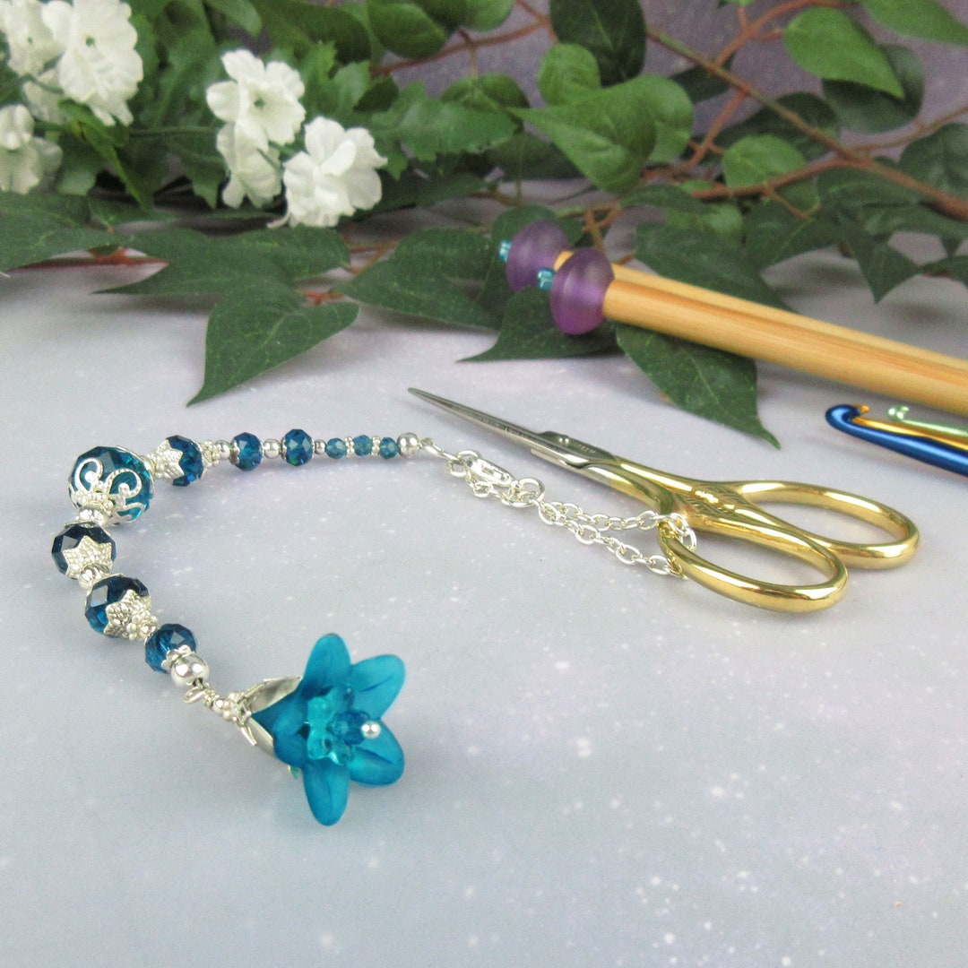 Teal Flower Jeweled Scissors Fob, Needlecraft Accessory, Scissors/key ...