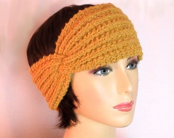 Hand Knit Luxury Headband, Baby Llama Yarn, Textured Knit Stitch, Golden Yellow, Ear Warmer, Winter Headband