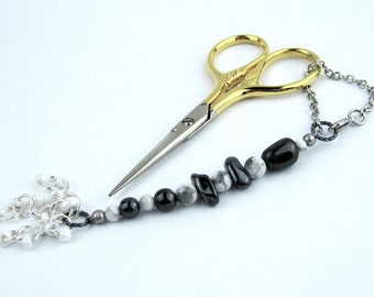 Scissors Fob, Hematite, Howlite, Silver, Key Fob, Purse Fob, DIY Crafts, Needlecrafts, Sewing, Knitting, Needleworkers Gift, Handmade