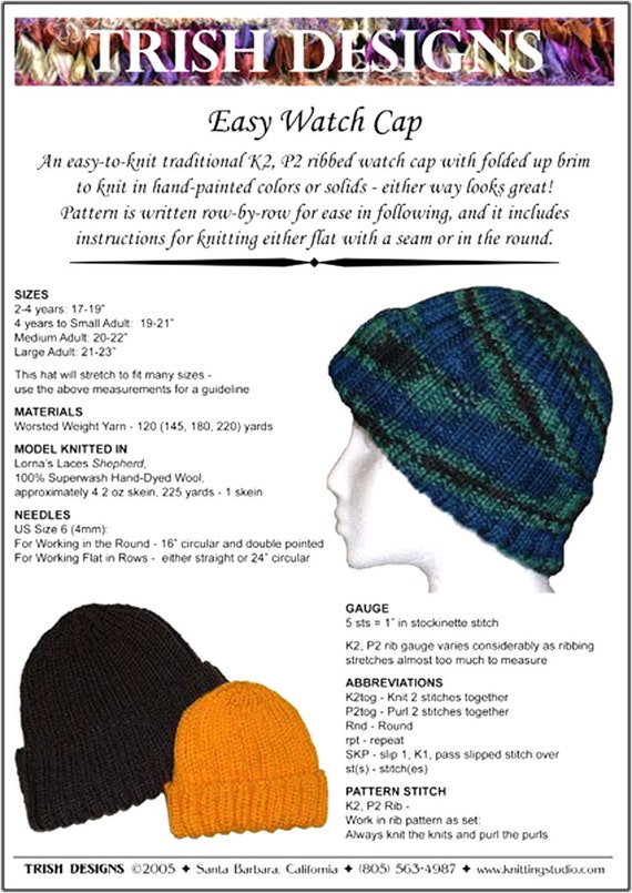 Hand Knit Pattern Watch Cap Knitting Pattern Pdf Baby Thru Large Adult Easy To Knit Original Design Trish Designs Instant Download