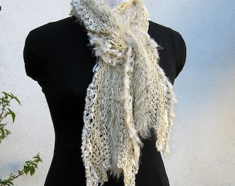 Hand Knit Ruffled Edge Scarf, Multi Textures, Ribbons n Fluff, Luxurious Wrap, Cream White, Gold Silver Metallic, Artisan Scarf