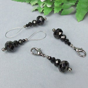 Black Glass Crystal Progress Keepers and Stitch Markers for Knitting and Crocheting, Snag Free Lobster Claw or Wire Loop Stitch Markers
