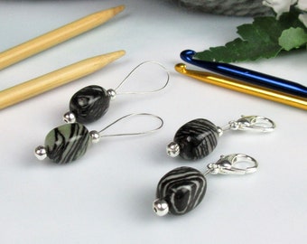 Zebra Stone Progress Keepers and Stitch Markers for Knitting and Crochet, Snag Free Lobster Claw Clasp or Wire Loop Stitch Markers