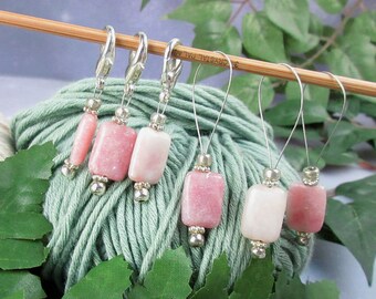 Progress Keepers or Stitch Markers for Knitting and Crochet, Rhodonite Gemstone Beads, Snag Free Lobster Claw Clasp or Wire Loop Markers