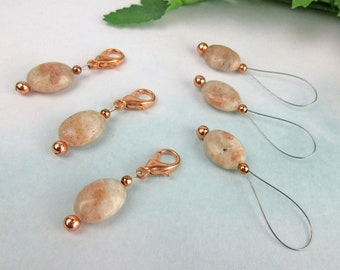 Peach Moonstone Progress Keepers and Stitch Markers for Knitting and Crochet, Snag Free Lobster Claw Clasp or Wire Loop Stitch Markers