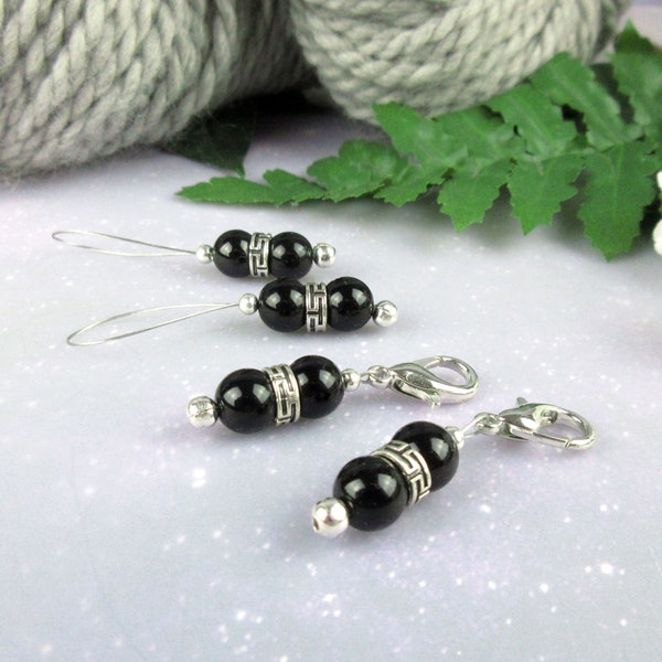 Black Onyx Gemstone Mini Yarn Skein Progress Keepers and Stitch Markers for Knitting and Crochet, Snag Free, Lobster Clasp or Loop Markers