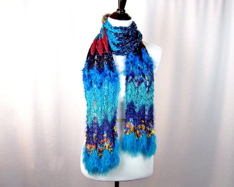 Hand Knit Scarf Vibrant Turquoise Magenta Blue Gold Chevron | Etsy