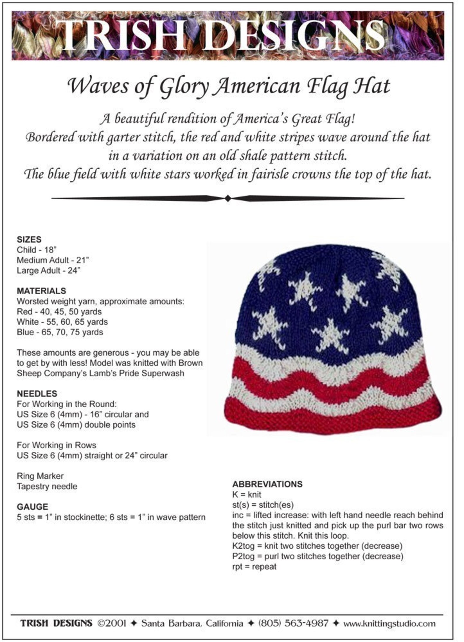 Knitting Pattern Hand Knit Hat Waves of Glory American Flag Etsy