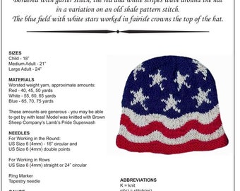 May include: A knitted American flag hat with red, white and blue stripes and white stars. The hat is bordered with garter stitch and has a wave pattern. The pattern includes the text "Waves of Glory American Flag Hat".