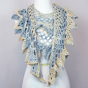 Sand and Sea Scarf, Hand Crocheted Triangle Edged Scarf, Cotton Ribbon, Beige and Pale Blue, Silky Ribbon Yarn