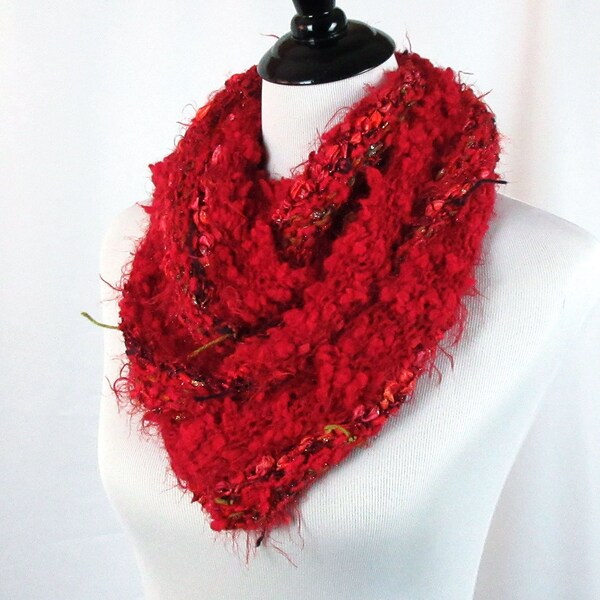 Hand Knit Cowl, Mobius Infinity Cowl, Luxurious Wrap, Textured Red, Olive Green and Blue Novelty Yarns