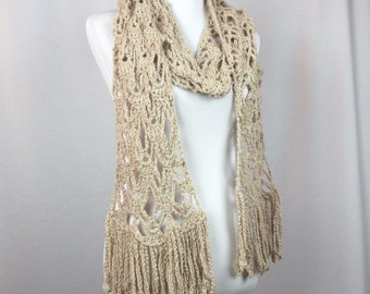 Lacy Crocheted Fringe Scarf: Beige Heathered Cotton Blend