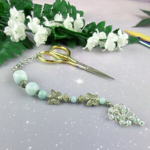 Amazonite Gemstone Scissors Fob, Silvery Butterfly Purse Charm