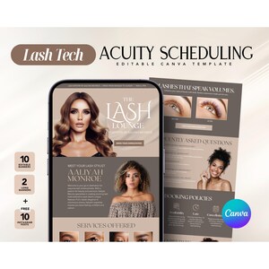 May include: A digital marketing template for lash technicians. The design features a smartphone displaying a website for "The Lash Lounge" with images and text. Additional elements include editable banners, Instagram posts, and the Canva logo.