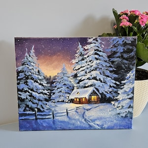 Oil on Canvas, Winter Evening Glow – Cozy Cabin in the Snow, Original Oil Painting on Canvas, Winter Landscape