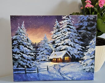 Oil on Canvas, Winter Evening Glow – Cozy Cabin in the Snow, Original Oil Painting on Canvas, Winter Landscape