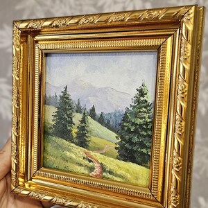Mini original oil painting, mountain morning, small painting, Impressionist countryside painting