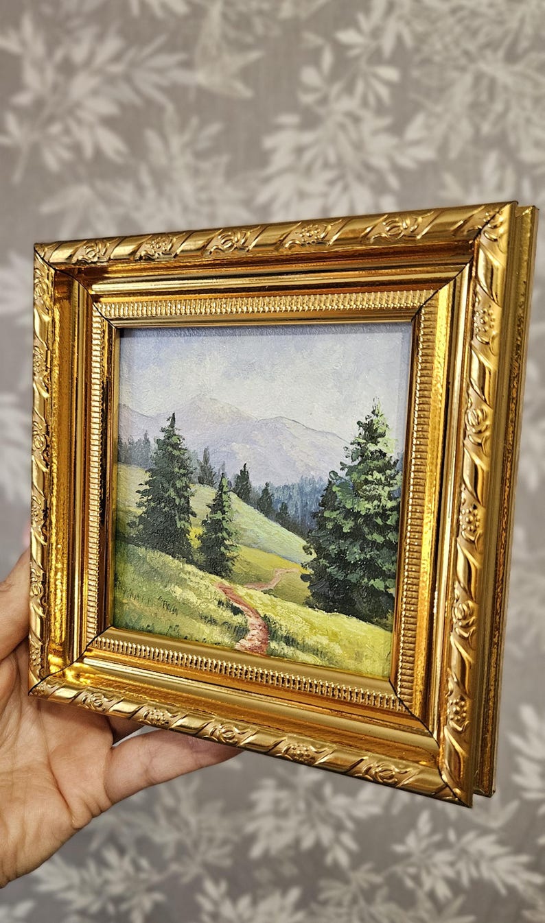 Mini original oil painting, mountain morning, small painting, Impressionist countryside painting