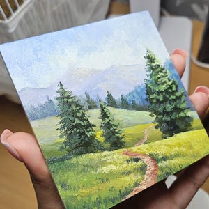 Mini original oil painting, mountain morning, small painting, Impressionist countryside painting