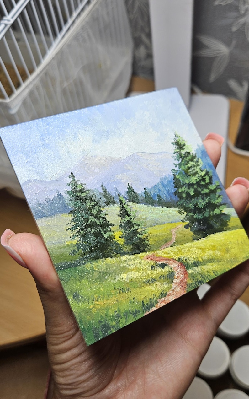 Mini original oil painting, mountain morning, small painting, Impressionist countryside painting