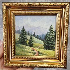 Mini original oil painting, mountain morning, small painting, Impressionist countryside painting
