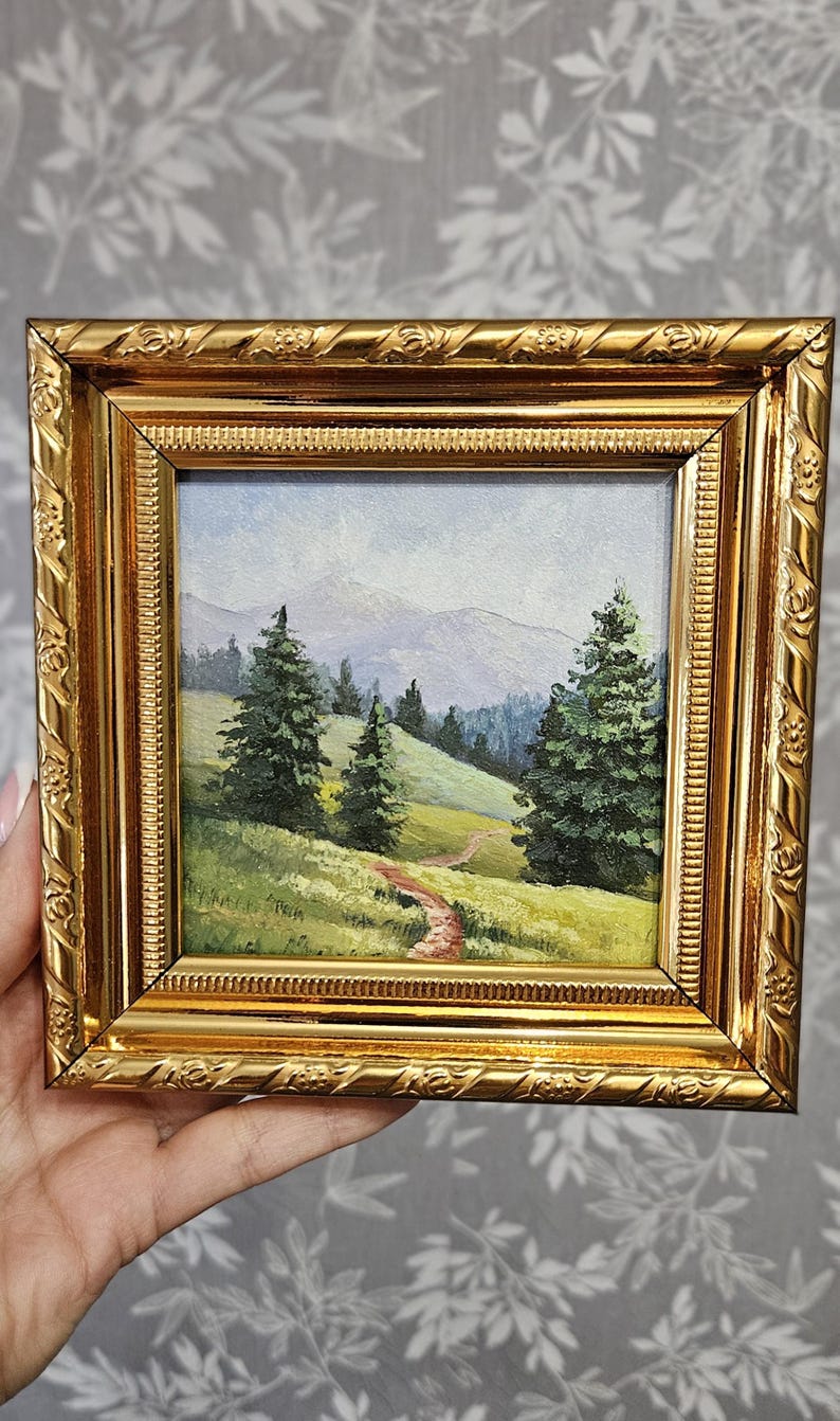 Mini original oil painting, mountain morning, small painting, Impressionist countryside painting