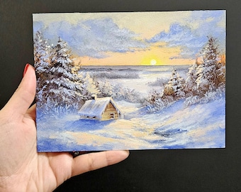 Winter Landscape Mini Oil Painting on MDF 13x18 cm – Snowy Cabin at Sunset – Original Small Art on Wood Panel