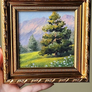 Mini 4x4 original oil painting, Miniature Oil Painting on Panel , mini landscape, mountains, trees, mini art