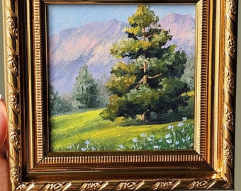 Original oil painting, Miniature Oil Painting on Panel , mini landscape, mountains, trees, mini art