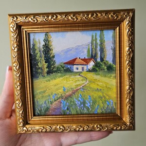 Mini peinture à l'huile originale, huile sur panneau dur paysage, maison italienne, miniature, peinture de la nature