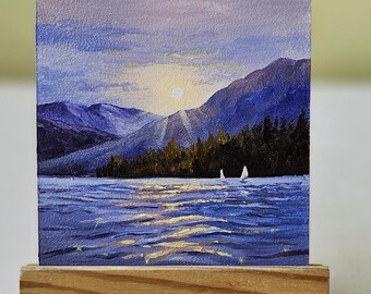 Mini Sailboat Oil Painting on hardboard, Miniature, Seascape with Boat, Original Art
