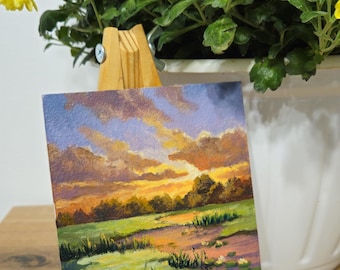 Mini original oil painting, golden evening, small painting, Impressionist countryside painting