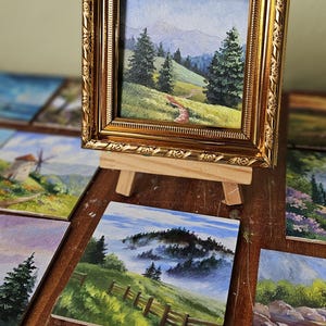 Mini original oil painting, mountain morning, small painting, Impressionist countryside painting