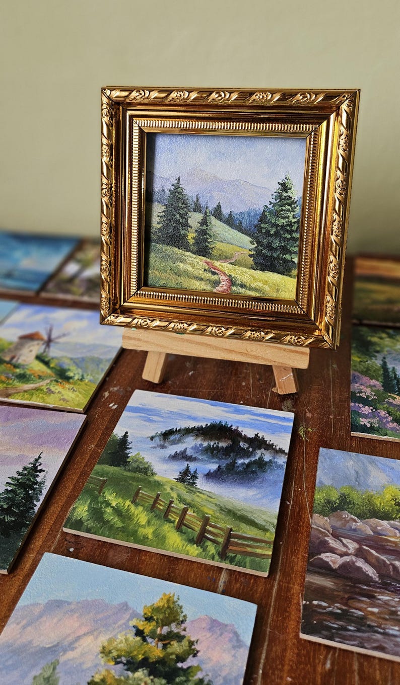 Mini original oil painting, mountain morning, small painting, Impressionist countryside painting