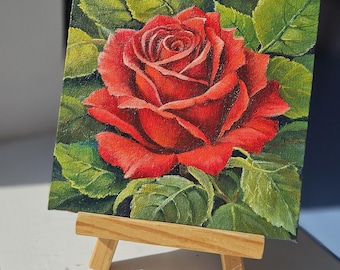 Oil on canvas, red Rose,Mini Original Oil Painting on Canvas on mdf, Miniature Floral Art