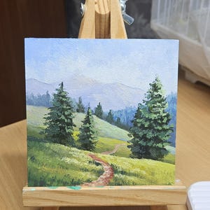 Mini original oil painting, mountain morning, small painting, Impressionist countryside painting