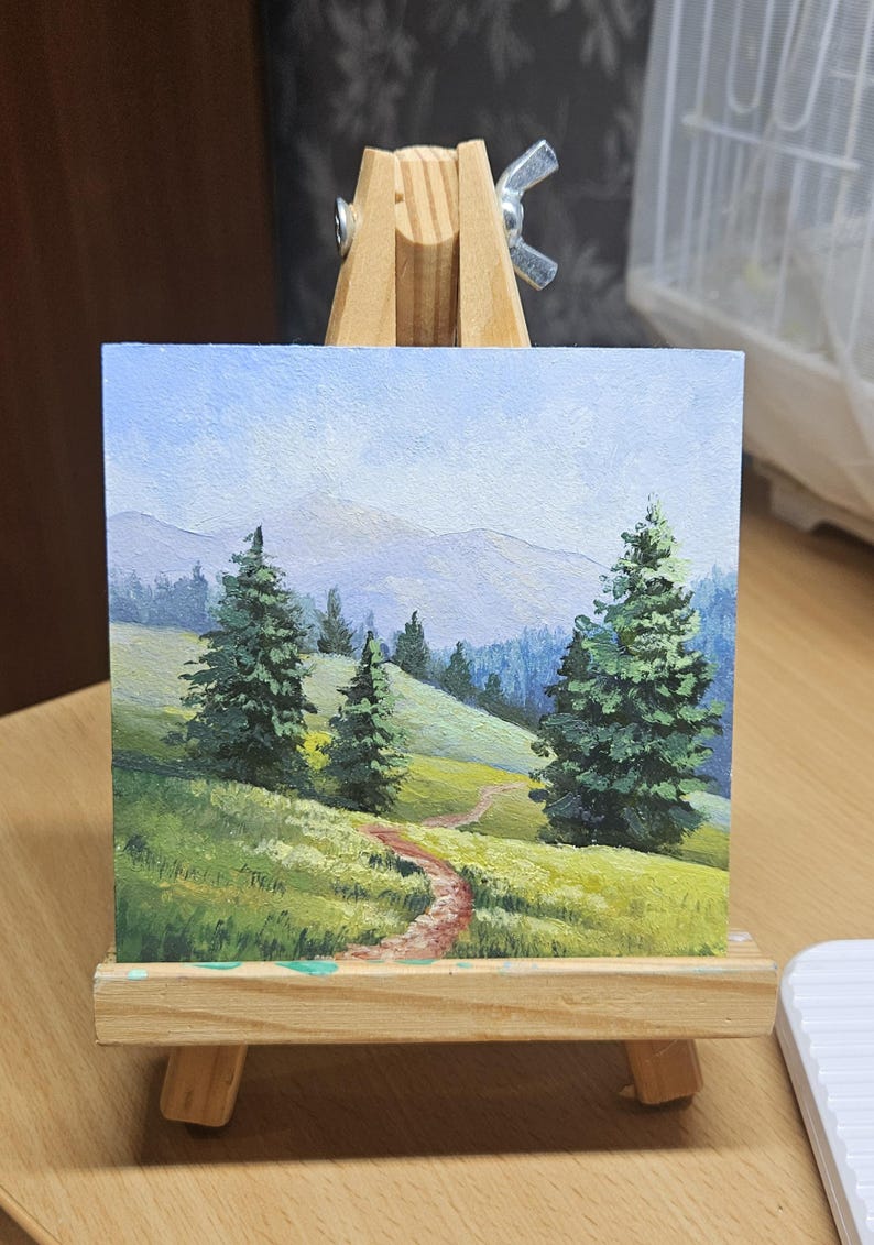 Mini original oil painting, mountain morning, small painting, Impressionist countryside painting