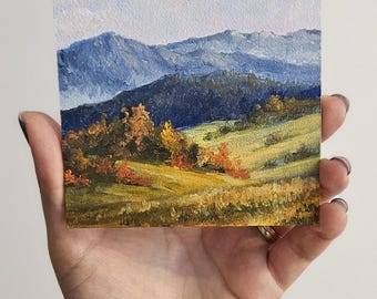 Original oil painting, mountains, autumn forest, small painting, Impressionist mini countryside painting