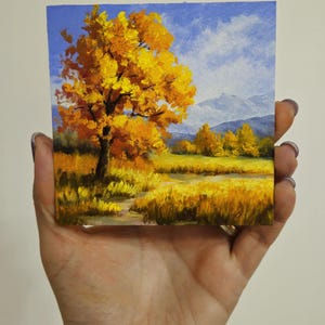 Mini oil painting, small painting,miniature, Impressionist countryside painting, Landscape Art,Golden Autumn Tree