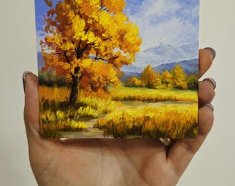 Mini oil painting, small painting,miniature, Impressionist countryside painting, Landscape Art,Golden Autumn Tree