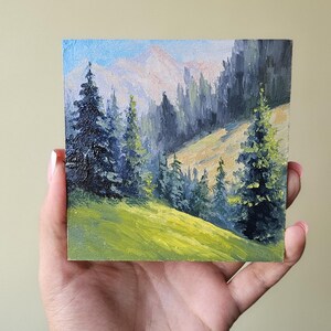 Original Small Mountain Landscape Painting 9x9, Oil Art, Mini Forest Scene Wall Decor, Tiny Nature Artwork Gift