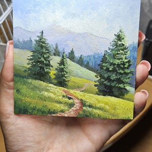 Mini original oil painting, mountain morning, small painting, Impressionist countryside painting