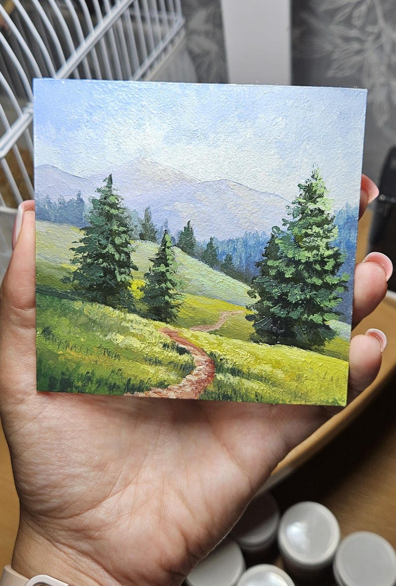 Mini original oil painting, mountain morning, small painting, Impressionist countryside painting