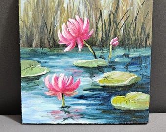 Mini Oil Painting 10x10 cm, Lotus Flowers, Small Pond Artwork, Tiny Oil