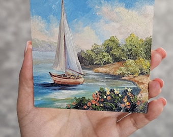 Mini oil painting on hardboard,Miniature oil Painting, seascape with boat, original Art