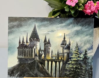 Original Mini Oil Painting – Fantasy Castle Miniature on MDF 13×18 cm // Night Scene, Magical Landscape, Fantasy Art