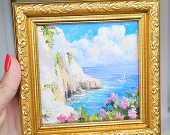 Mini Oil Painting, Mini Original Art, Coastal Landscape, Wall Decor, Small Ocean Artwork, Seascape,ocean, boat