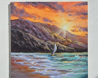 Mini original oil painting, small painting, Impressionist painting,Miniature, Sunset Seascape Oil Painting – Original Artwork, oil on MDF