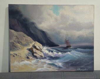 Original Oil Painting on Canvas - Seascape with Sailing Ship, 40x50 cm, Marine Wall Art